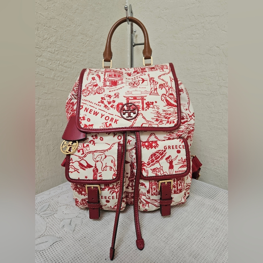 Tory Burch Maroon Cream Nylon Medium Backpack AUTHENTIC